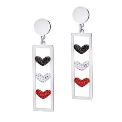 Stainless Steel Black, White, Red Hearts Rectangle Earrings